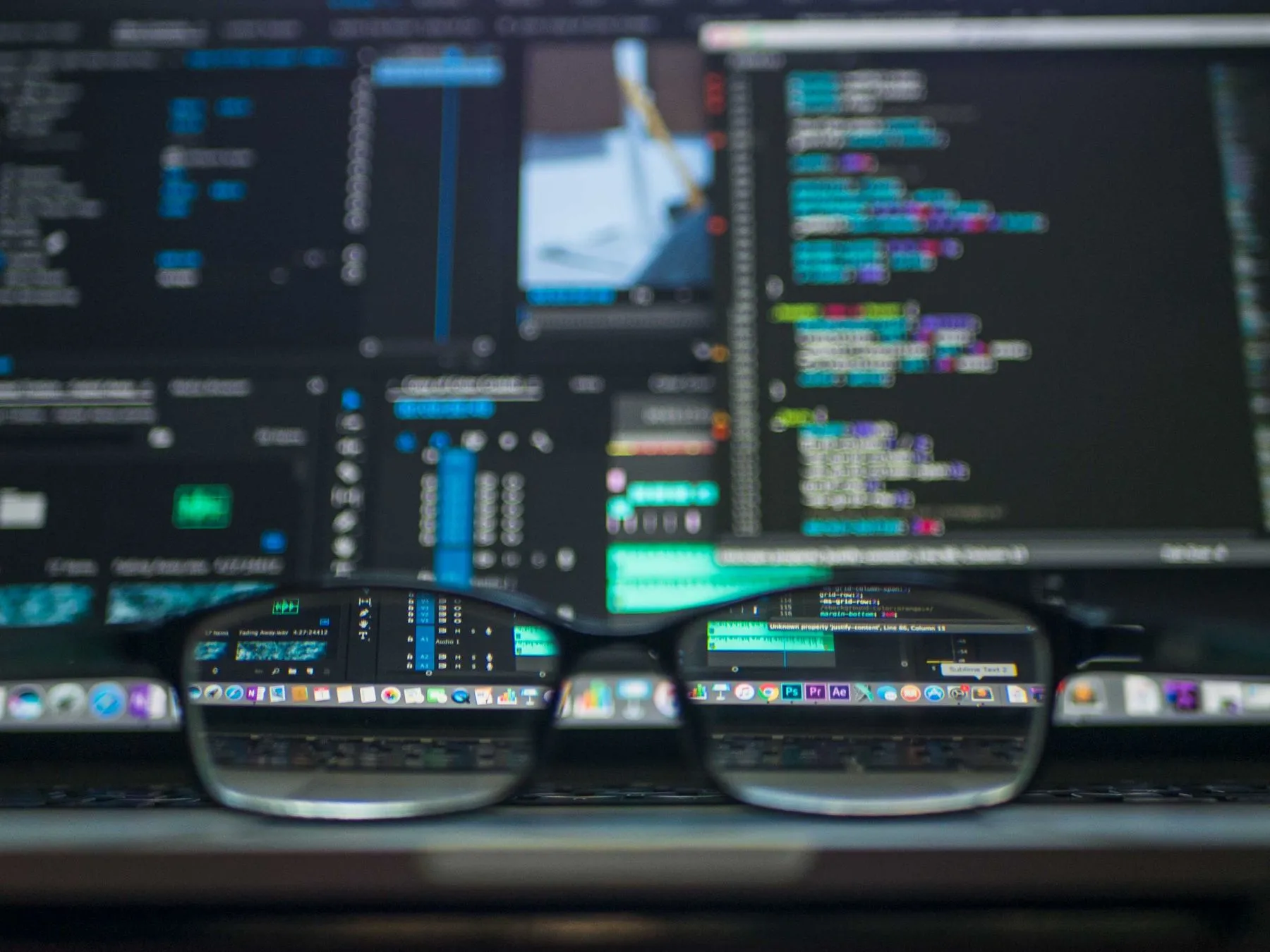 Eyeglasses resting in front of monitors displaying source code